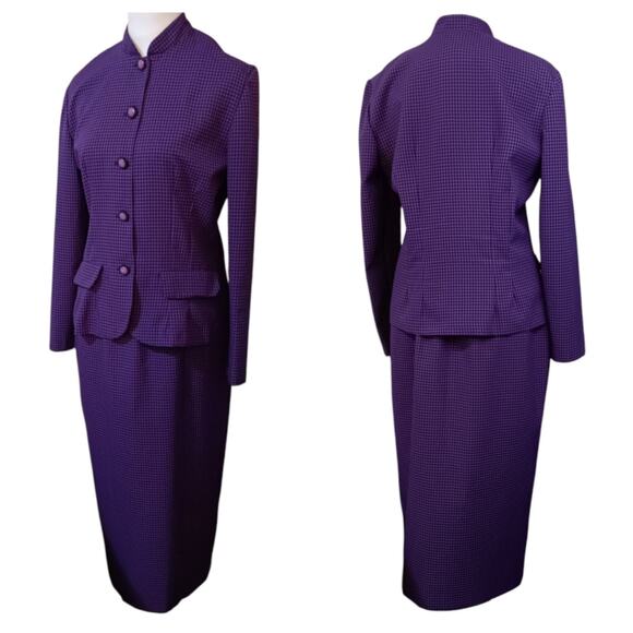 VINTAGE 1970s 2 Piece Suit Long Midi Skirt Jacket Set Large Purple Black Gingham - Picture 1 of 16
